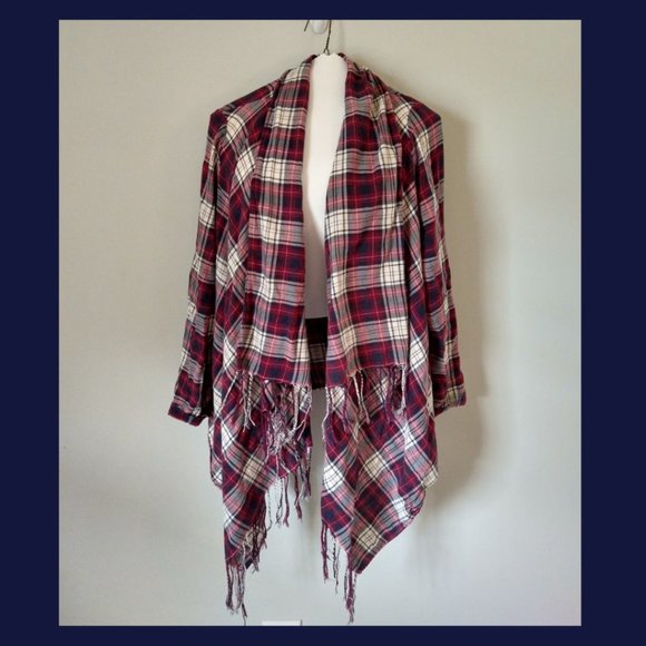 Plaid Open Front Fringe Cardigan- Sz Small - Picture 1 of 3